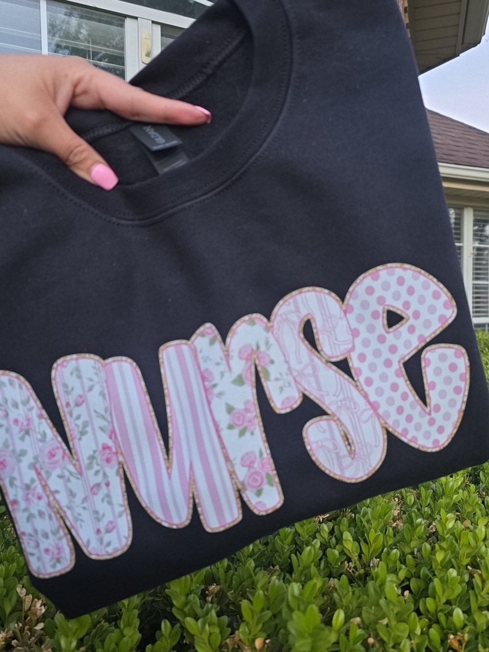Gildan Black Short Sleeve Tee with Pink Floral Appliqué